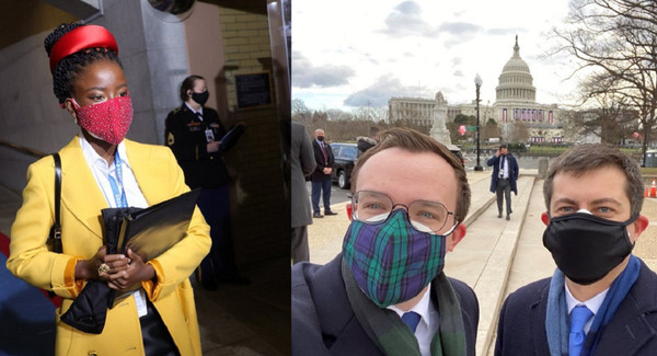 ▲▼ 拜登20日的總統就職典禮上，許多與會者都戴著2個口罩。（組圖／翻攝自推特／@oliviasinger、@PeteButtigieg）