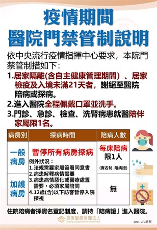 ▲基隆長庚醫院2日宣布「取消病房探病」　陪病採實名制限1人。（圖／基隆長庚醫院提供）