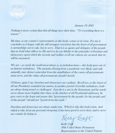 ▲▼美國前駐聯合國大使克拉夫特（Kelly Craft）發表卸任信函。（圖／翻攝Twitter@KellyCraftKY）