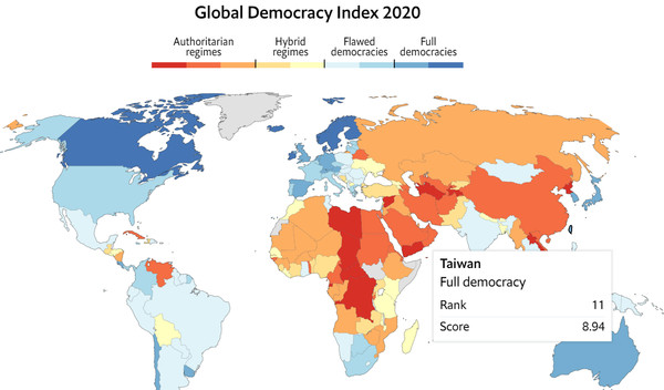 ▲▼ 英國《經濟學人》智庫發表2020年度全球民主指數，台灣以第11位成為東亞排名最高。（圖／翻攝自經濟學人官網）