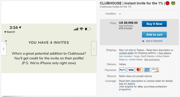 Clubhouse邀請碼拍賣（圖／翻攝自拍賣網站）