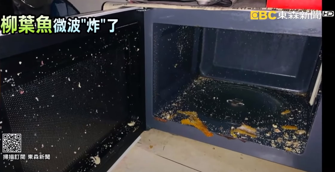 柳葉魚微波炸爛　女苦主：聽到「波」一聲！上下左右都是蛋。（圖／東森新聞）