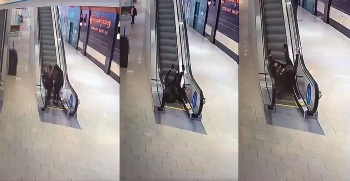 ▲▼翻滾吧女孩！她們電扶梯一摔　慘烈陷入23秒滾動噩夢。（圖／推特／@MalwareJake）