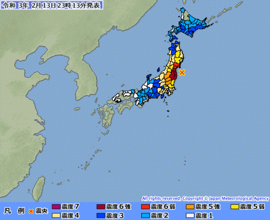 ▲▼日本2021年2月13日發生規模7.1地震。（圖／日本氣象廳）