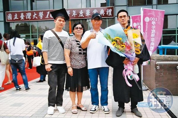 龍師父（右1）母親（左2）要他帶爸爸（右2）、哥哥（左1）及親近弟子到台大參加畢業典禮，但全是一場戲。（讀者提供）