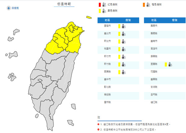 ▲▼低溫特報。（圖／中央氣象局）