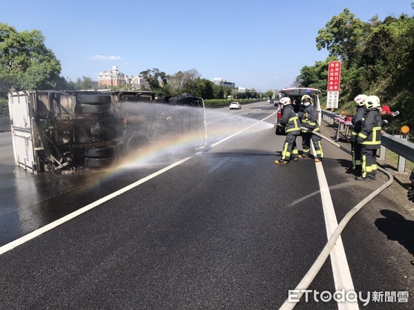 ▲▼國道3號3車追撞，小貨車翻覆，交通嚴重回堵             。（圖／記者陳以昇翻攝）