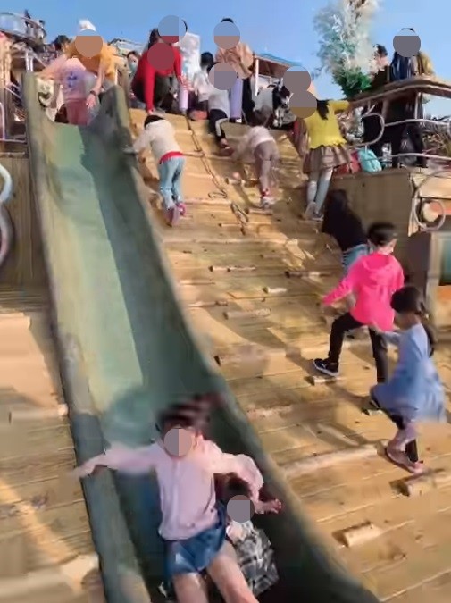馬尾妹跳溜滑梯重壓3歲女童，媽媽一副又沒怎樣的感覺。（圖／翻攝自Facebook／爆料公社二社）