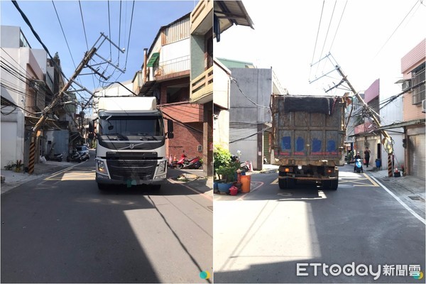 ▲▼鶯歌聯結車勾到電線，電線桿當場折兩半。（圖／記者陳雕文翻攝，下同）