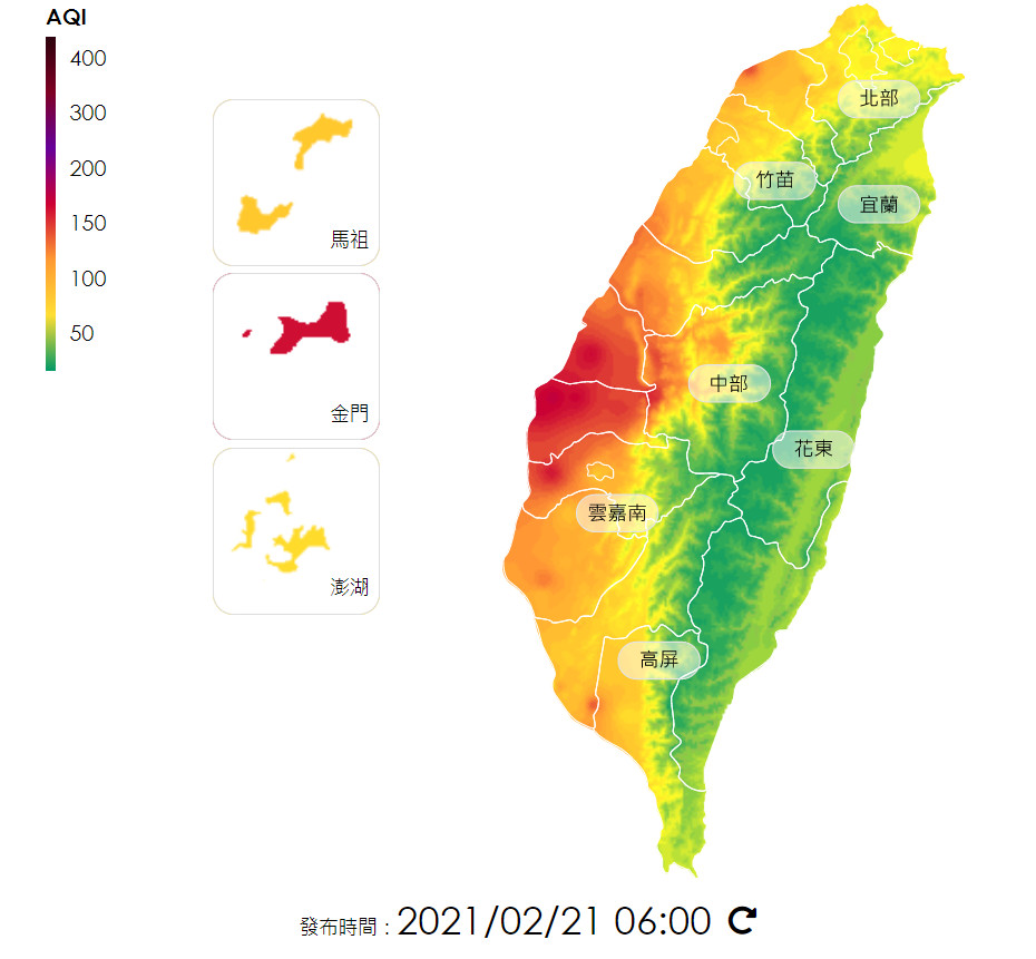 ▲▼環保署空品監測網上午6點、7點的監測是雲嘉地區是一片紅。（圖／翻攝環保署空品監測網）