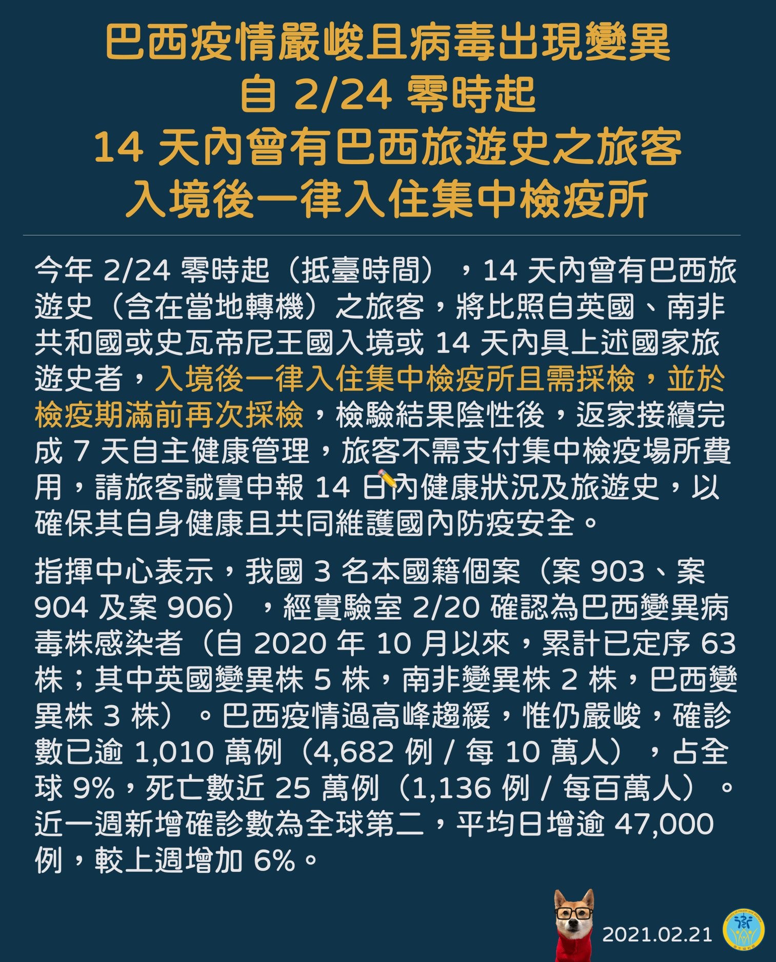 ▲▼巴西疫情嚴峻且病毒出現變異，自2/24 零時起，14 天內曾有巴西旅遊史之旅客，入境後一律入住集中檢疫所。（圖／翻攝自Facebook／衛生福利部）