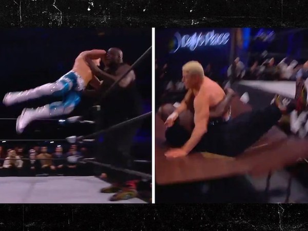 ▲歐尼爾現身AWE摔角，慘遭「高空爆桌」躺地。（圖／翻攝自TMZ）