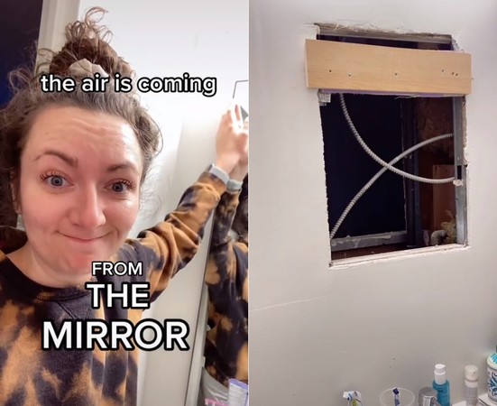 ▲▼ 美國紐約女子哈特索（Samantha Hartsoe）的浴室吹詭異冷風，發現鏡子後方有大洞。（圖／翻攝自抖音）