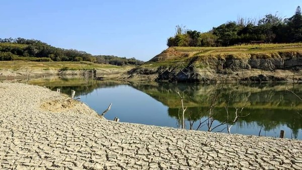 ▲苗栗水庫乾到見底，台版「水庫羅馬競技場」意外曝光。（圖／林桔春提供）