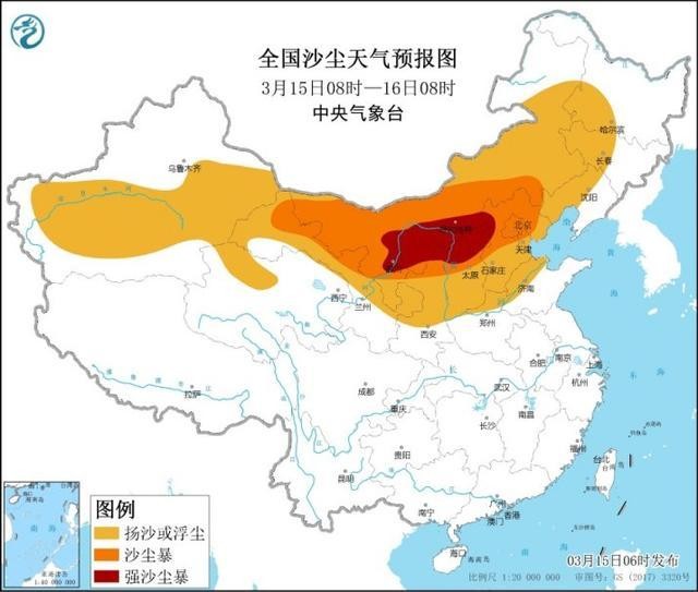 ▲▼2021年3月15日，中國大陸北方沙塵暴肆虐。（圖／取自大陸中央氣象台網站）