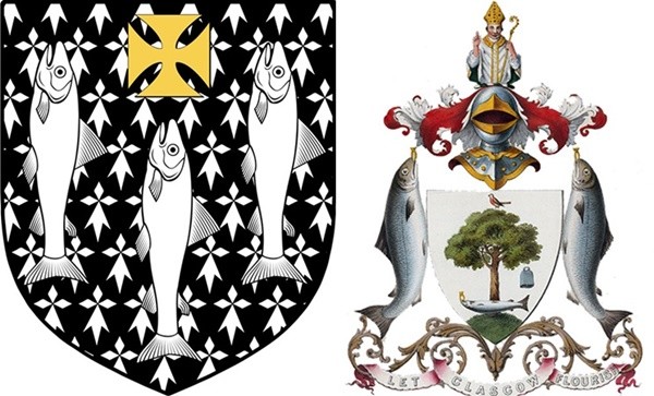 ▲來自愛爾蘭（左）、蘇格蘭格拉斯哥（右）的徽章出現鮭魚圖樣。（圖／翻攝andrewgough.co.uk）