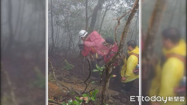 ▲1名53歲的女山友，至苗栗縣獅潭鄉神仙縱走時，因遇濃霧不慎跌落山坡；警消獲報後，花了近12小時才將她背下山送醫。（圖／記者黃孟珍翻攝）