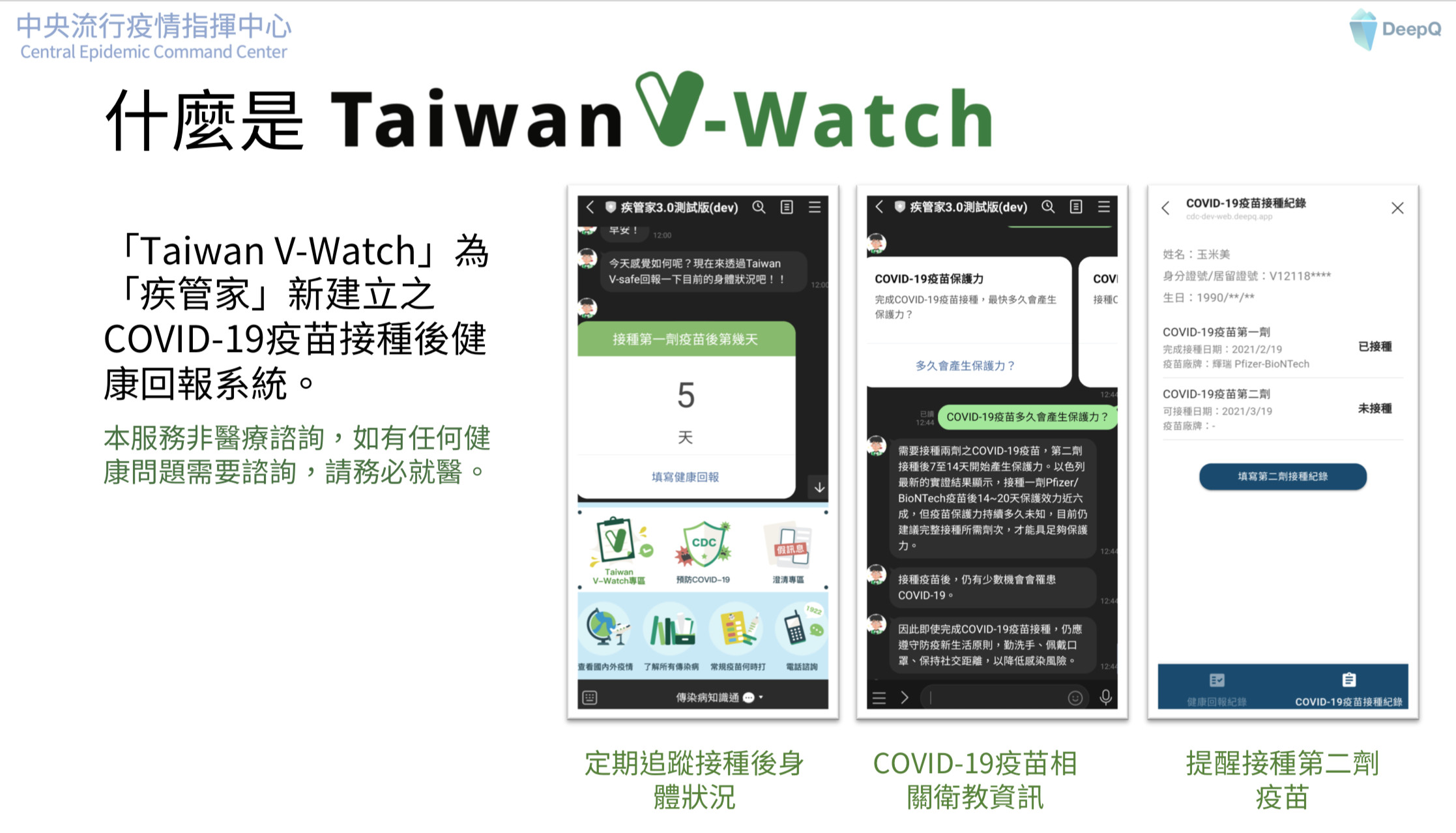 ▲▼「Taiwan V-Watch」COVID-19疫苗接種健康回報系統。（圖／指揮中心提供）