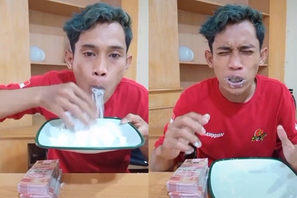▲▼ 印尼網紅吞下4包鹽。（圖／翻攝自TikTok／@anggun_supriadi）
