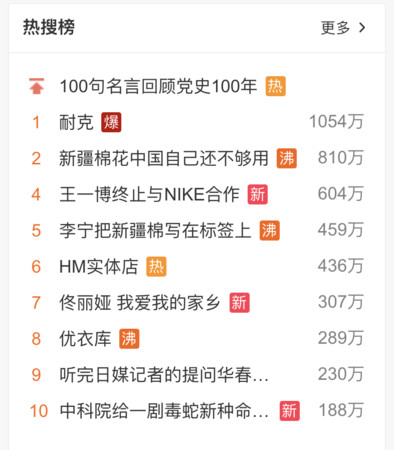 ▲▼愛迪達,NIKE因新疆棉事件衝上微博熱搜。（圖／翻攝微博）