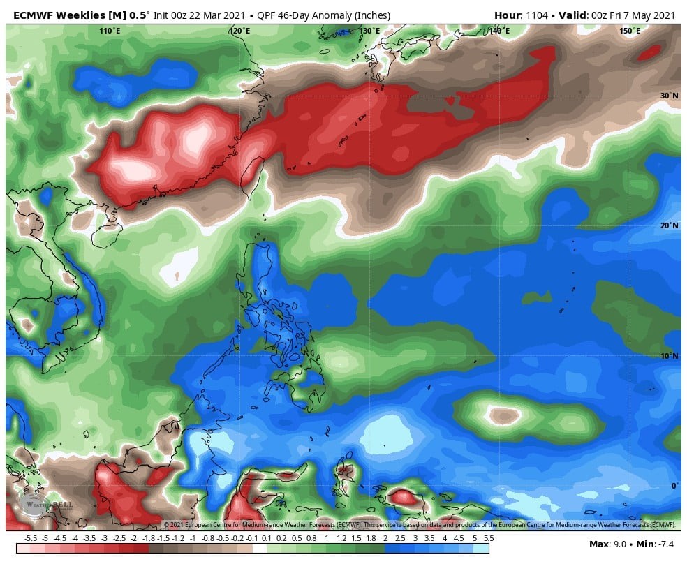 ▲歐洲模式預報顯示，未來一個半月，台灣附近處在嚴重偏乾的環境。（圖／翻攝自Facebook／天氣風險Weather Risk）