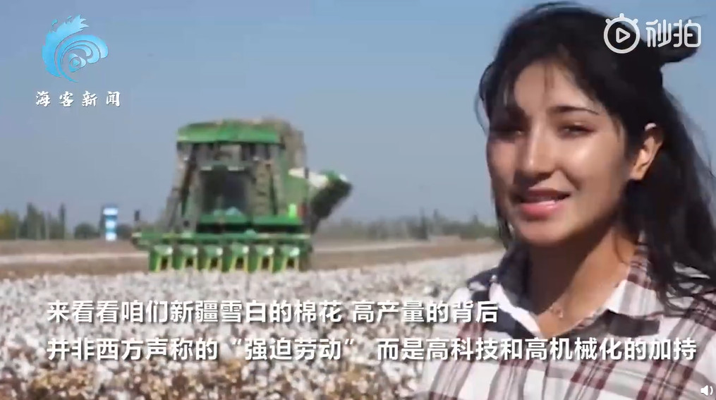 ▲▼新疆農民拍影片證明採棉機械化。（圖／翻攝微博）