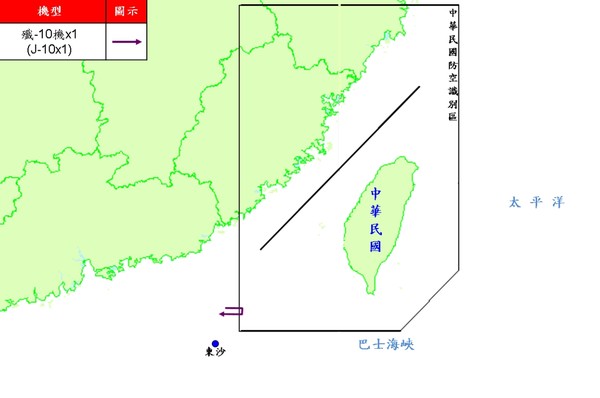 ▼共軍27日1架殲10機闖我西南空域飛航軌跡。（圖／國防部提供）