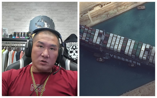 ▲▼館長表示，自己也是蘇伊士運河危機的受災戶。（合成圖／翻攝自館長成吉思汗YouTube／路透社）