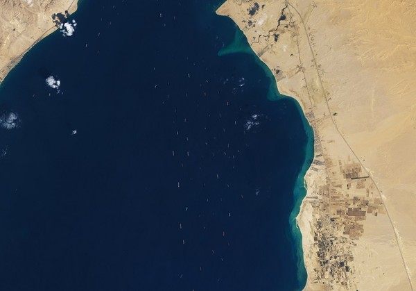 ▲▼NASA衛星照「密麻小點」塞滿蘇伊士灣。（圖／翻攝自NASA Earth Observatory）