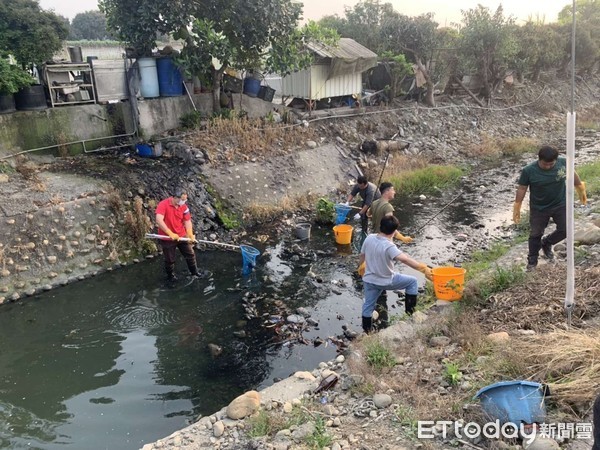 ▲雲林縣林內鄉烏塗子大排於昨日經民眾通報有大量魚群暴斃及大量泡沫情形。 （圖／記者蔡佩旻翻攝）