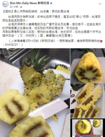 ▲新加坡傳出台灣鳳梨黑心問題。（圖／翻攝自Facebook／星國媒體）