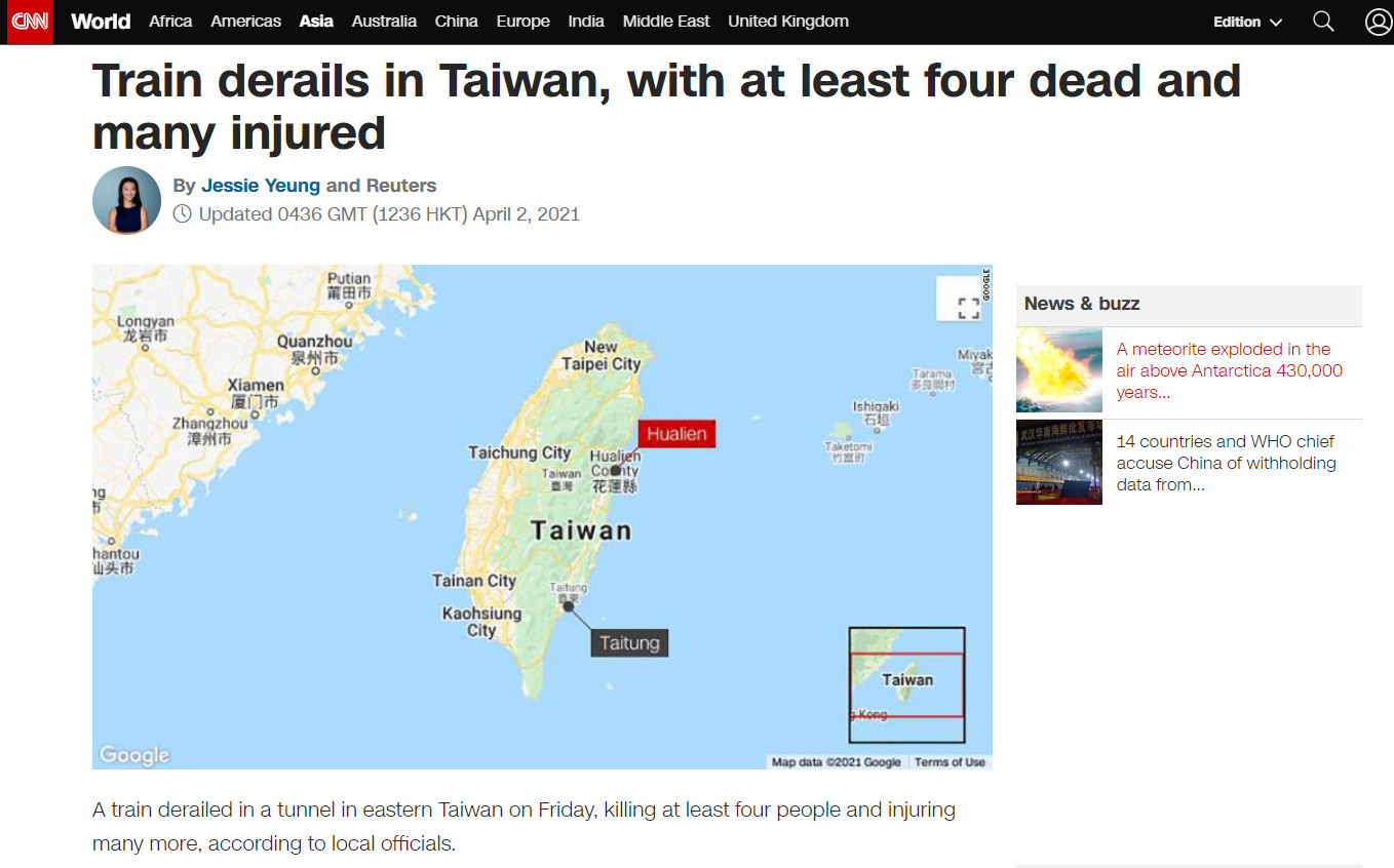 ▲▼外媒頭版報導太魯閣出軌。（圖／翻攝自CNN）