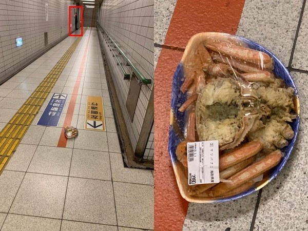曾有網友在出地鐵站時發現一整盤螃蟹，而紅圈處似乎就是設套者。（翻攝自推特）