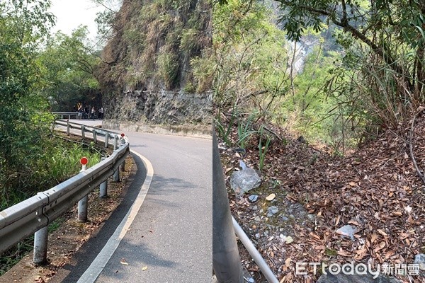 ▲▼腳踏車衝出公路墜落山谷。（圖／記者蕭可正翻攝）