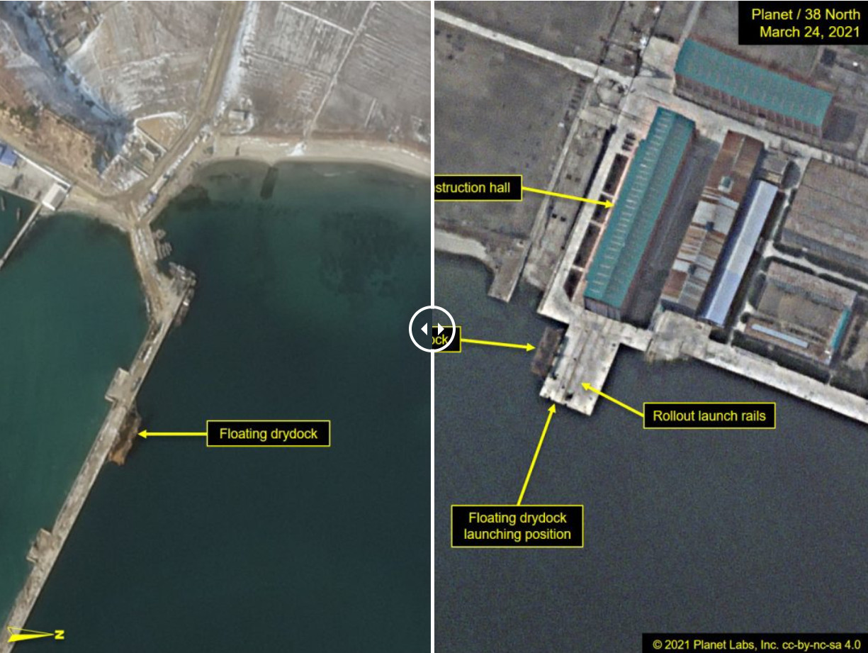 ▲▼北韓新埔造船廠浮動式船塢被移動，恐代表新造潛艦即將下水。（圖／翻攝自38 north）
