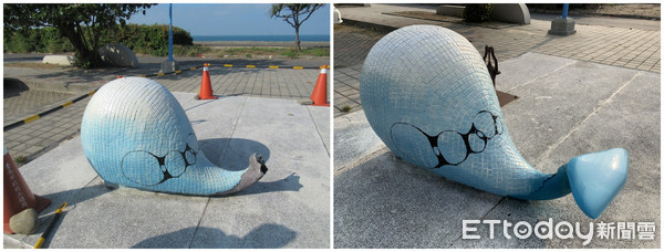 ▲台南灣裡親水公園一隻鯨魚藝術品的尾巴斷裂，工務局首次採用3D科技列印已完成修復。（圖／記者林悅翻攝）