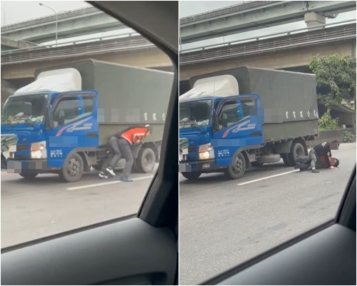 ▲▼五股交流道旁2名貨車司機因行車糾紛上演地板動作。（圖／翻攝自爆料公社）