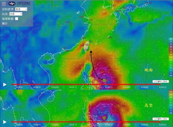 ▲▼氣象局「風場預報顯示圖」可看到，下周菲律賓東方可能形成巨大颱風。（圖／翻攝鄭明典臉書）