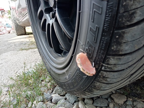 ▲輪胎被假牙弄到爆胎。（圖／翻攝自Facebook／Leo Padilla-Ricarte）