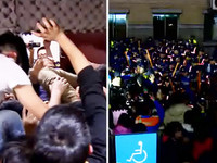 學生轉攻占行政院，警民拉扯場面混亂。