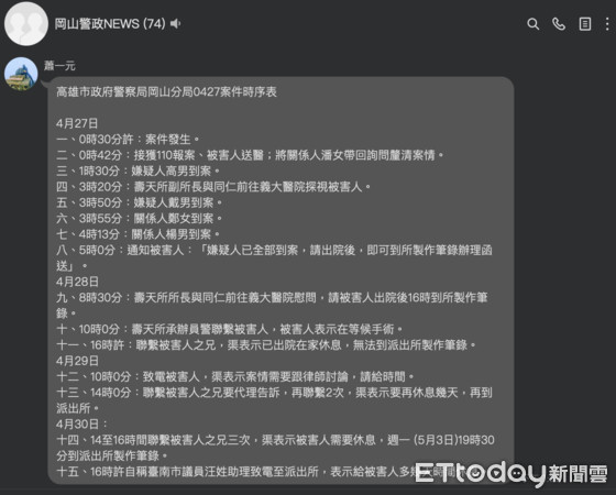 ▲高雄市岡山發生一起感情談判糾紛，被害人方面指控警方辦案不力             。（圖／記者吳奕靖翻攝）