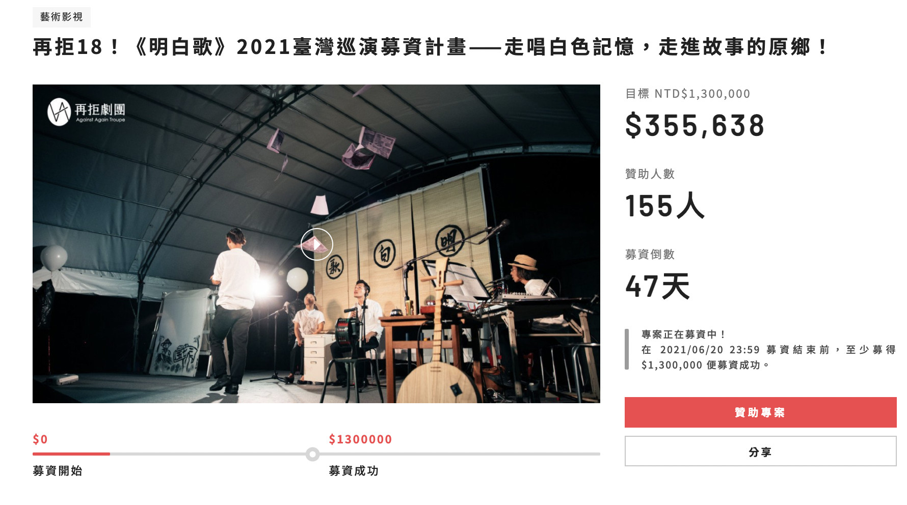 ▲▼《明白歌》即將在6月重啟台灣巡演，募資尚缺近百萬。（圖／翻攝自flyingV）