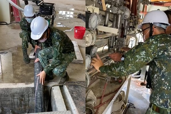 ▲國軍八軍團支援野戰用移動式淨水車，進駐岡山本洲產業園區 。（圖／記者洪靖宜翻攝）