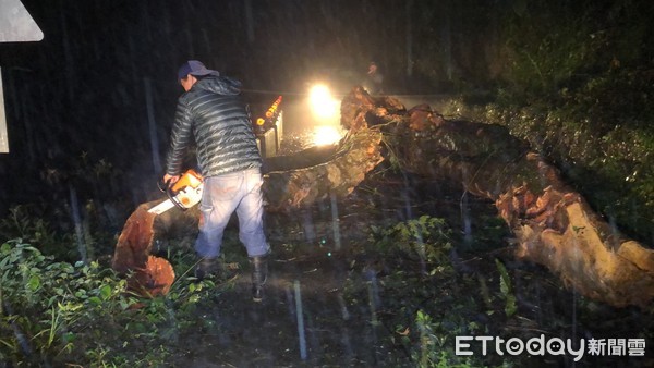 ▲▼員警與村長、山警冒著大雨輪流鋸樹排除障礙。（圖，／鳯林分局提供，下同）