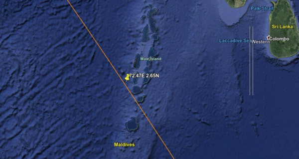 ▲長征5B火箭末級殘骸落區位於東經72.47°，北緯2.65°周邊海域。（圖／翻攝google map）