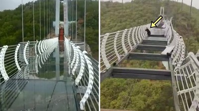 風太大玻璃吊橋碎了！　「遊客掛260公尺高空腿軟」爬一小時才脫困