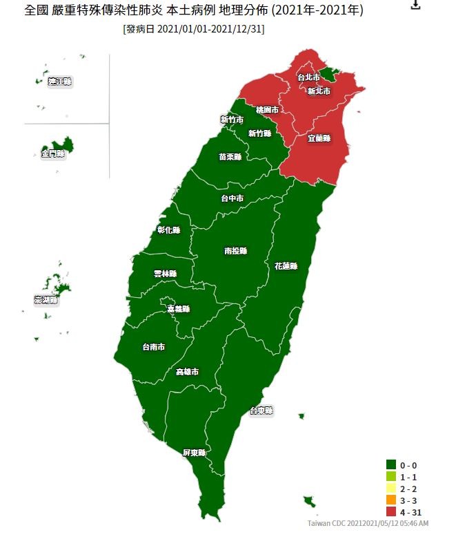 ▲5月12日「更新後」的本土案分布地圖。（圖／疾管署）