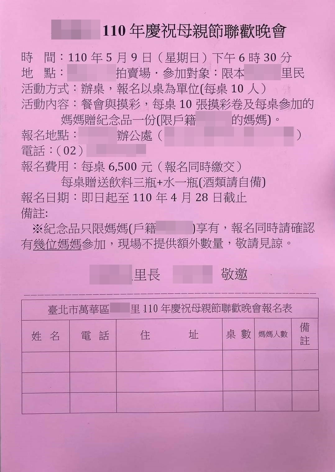 ▲▼萬華群聚風暴，某里舉辦母親節餐會。（圖／翻攝臉書）