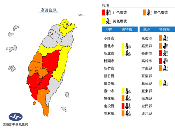 ▲▼高溫燈號。（圖／中央氣象局）