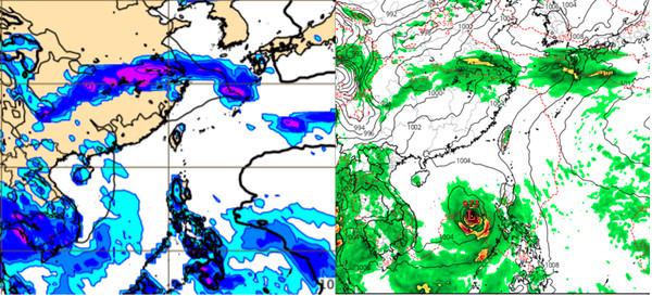 ▲▼最新歐洲模式模擬26日20時地面氣壓及降水圖顯示，「滯留鋒」仍在華中附近徘徊（左圖）。最新美國(GFS)模式同時的模擬則顯示，另有「熱帶擾動」從菲律賓東方海面，通過菲律賓、進入南海(右圖)。（圖／翻攝自吳德榮專欄）